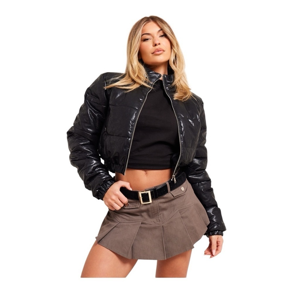 PrettyLittleThing Black Faux Leather Puffer Jacket – Size Large – NWT